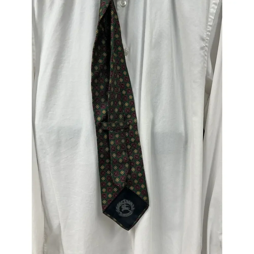 Vintage Burberrys Of‎ London Tie Silk Green Red Gold Geometric Print